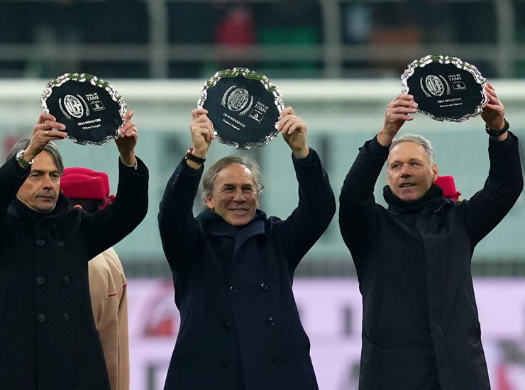 Marco Van Basten alla festa dei 125 anni del Milan insieme a Inzaghi e Baresi - Foto Lapresse - Ilgiornaledellosport.net